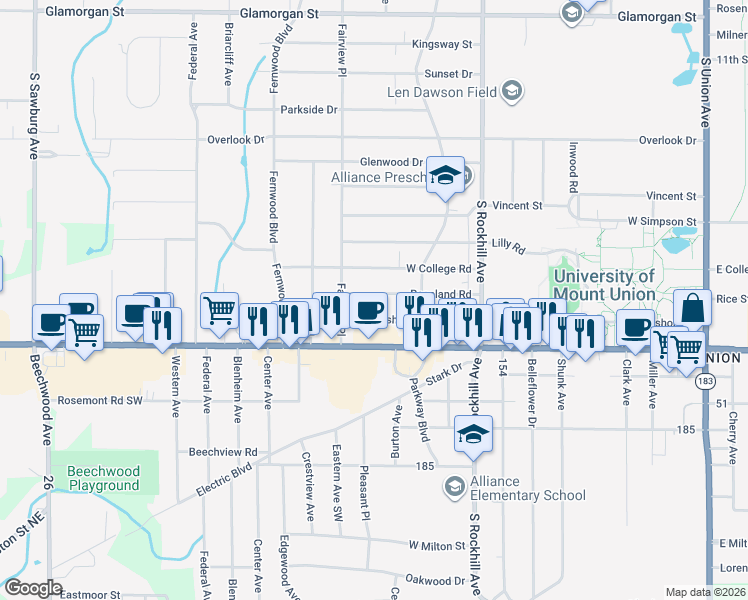 map of restaurants, bars, coffee shops, grocery stores, and more near 1032 Roseland Road in Alliance