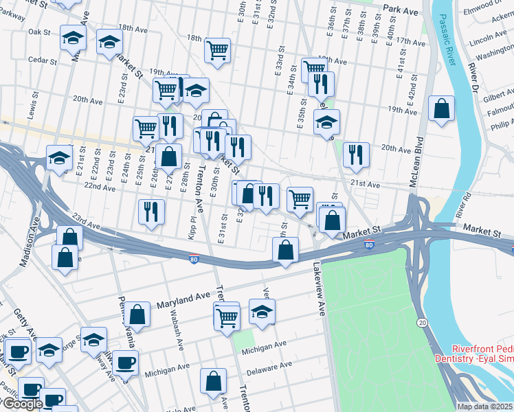 map of restaurants, bars, coffee shops, grocery stores, and more near 602 East 33rd Street in Paterson
