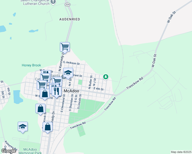 map of restaurants, bars, coffee shops, grocery stores, and more near 415 East Grant Street in McAdoo