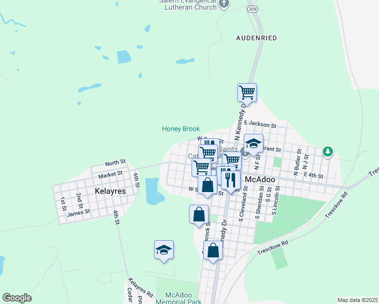 map of restaurants, bars, coffee shops, grocery stores, and more near 25 North Logan Street in McAdoo