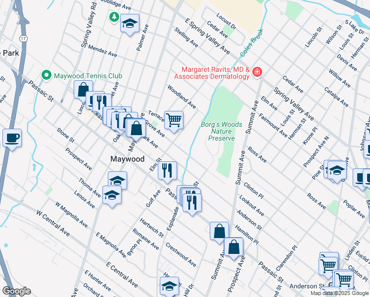 map of restaurants, bars, coffee shops, grocery stores, and more near 123 Grove Avenue in Maywood