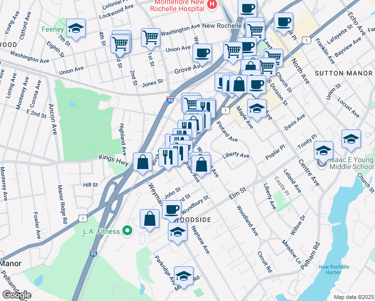 map of restaurants, bars, coffee shops, grocery stores, and more near 731 Main Street in New Rochelle