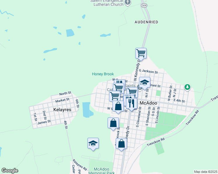 map of restaurants, bars, coffee shops, grocery stores, and more near 25 North Logan Street in McAdoo