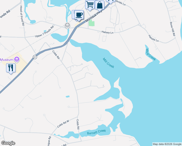 map of restaurants, bars, coffee shops, grocery stores, and more near 316 Cobb Road in Water Mill