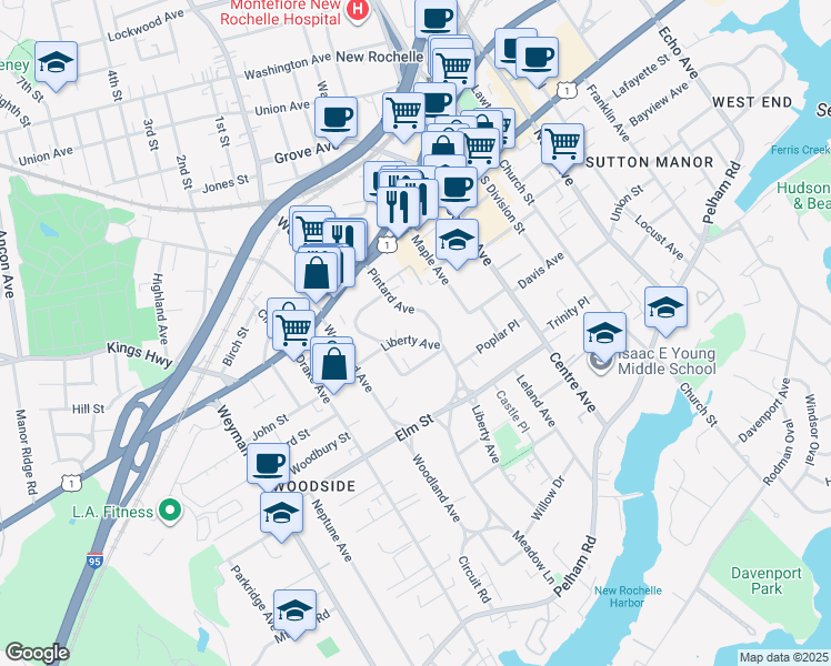 map of restaurants, bars, coffee shops, grocery stores, and more near 54 Liberty Avenue in New Rochelle