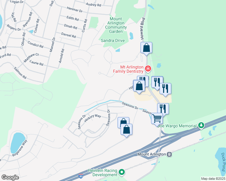 map of restaurants, bars, coffee shops, grocery stores, and more near 34 Brookside Lane in Mount Arlington