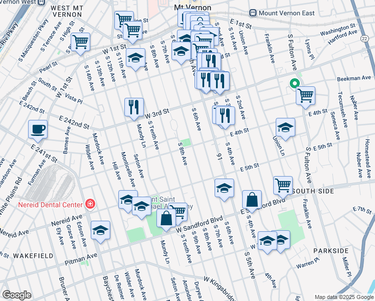map of restaurants, bars, coffee shops, grocery stores, and more near 58 West 4th Street in Mount Vernon