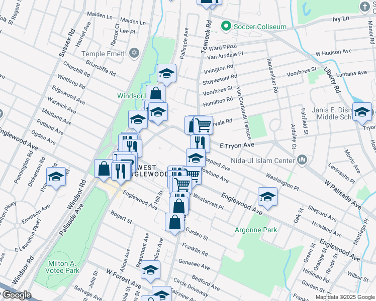 map of restaurants, bars, coffee shops, grocery stores, and more near 25 Amsterdam Avenue in Teaneck
