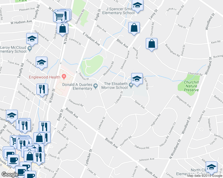 map of restaurants, bars, coffee shops, grocery stores, and more near 377 Elkwood Terrace in Englewood