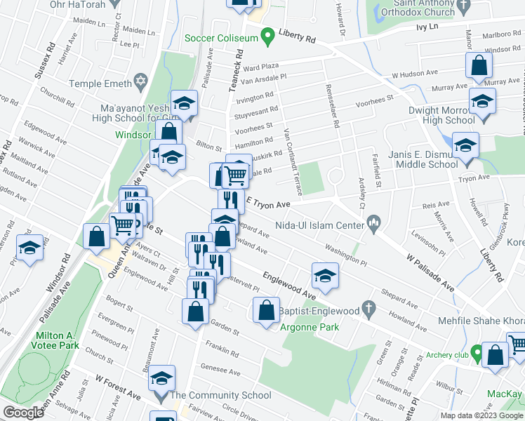 map of restaurants, bars, coffee shops, grocery stores, and more near 63 Washington Place in Teaneck