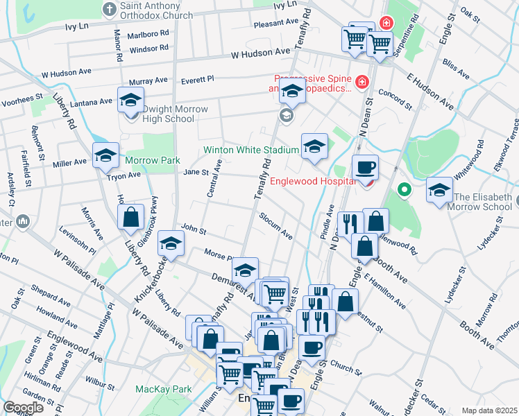 map of restaurants, bars, coffee shops, grocery stores, and more near 217 Tenafly Road in Englewood