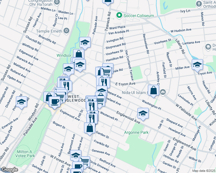 map of restaurants, bars, coffee shops, grocery stores, and more near 24 Washington Place in Teaneck