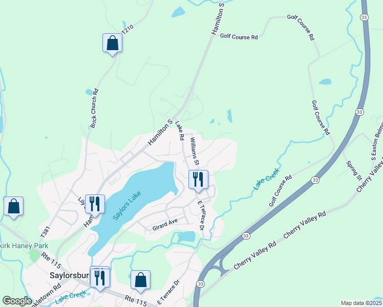 map of restaurants, bars, coffee shops, grocery stores, and more near 1709 Lakeview Drive in Saylorsburg