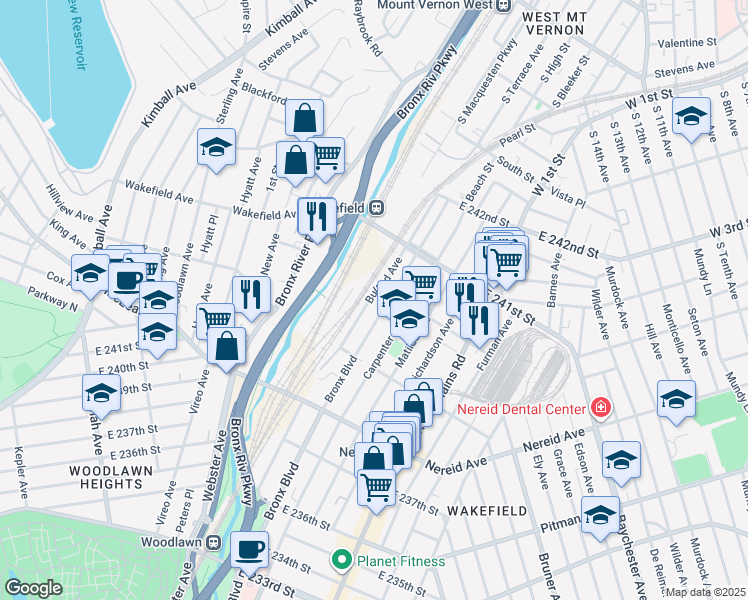 map of restaurants, bars, coffee shops, grocery stores, and more near 4560 Bullard Avenue in Bronx