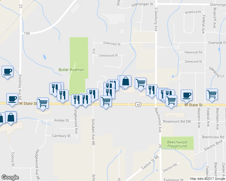 map of restaurants, bars, coffee shops, grocery stores, and more near 2156 Westwood Court in Alliance