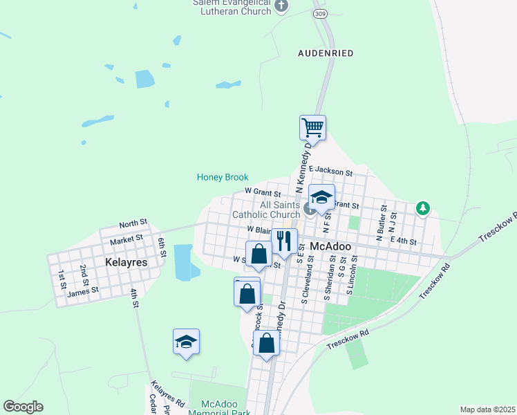 map of restaurants, bars, coffee shops, grocery stores, and more near 31 North Manning Street in McAdoo