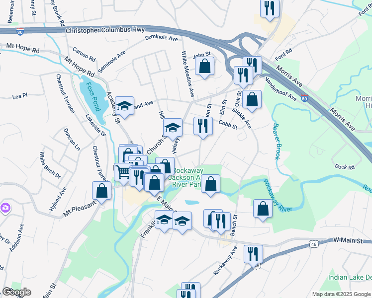 map of restaurants, bars, coffee shops, grocery stores, and more near 119 Maple Avenue in Rockaway