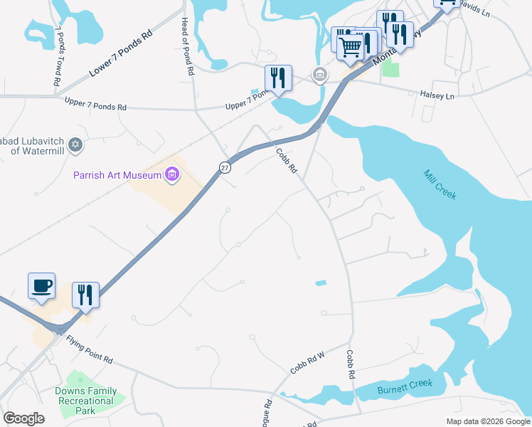 map of restaurants, bars, coffee shops, grocery stores, and more near 33 Mill Creek Close in Water Mill