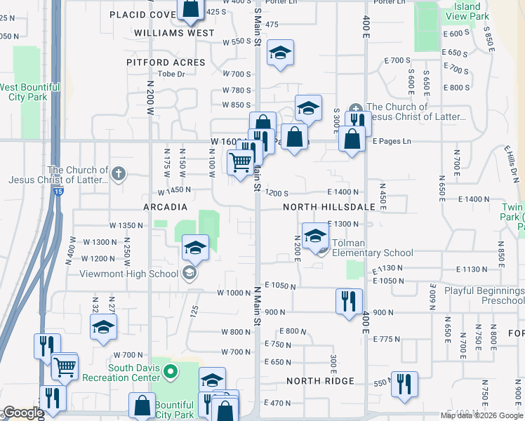 map of restaurants, bars, coffee shops, grocery stores, and more near 24 East 1350 North in Bountiful
