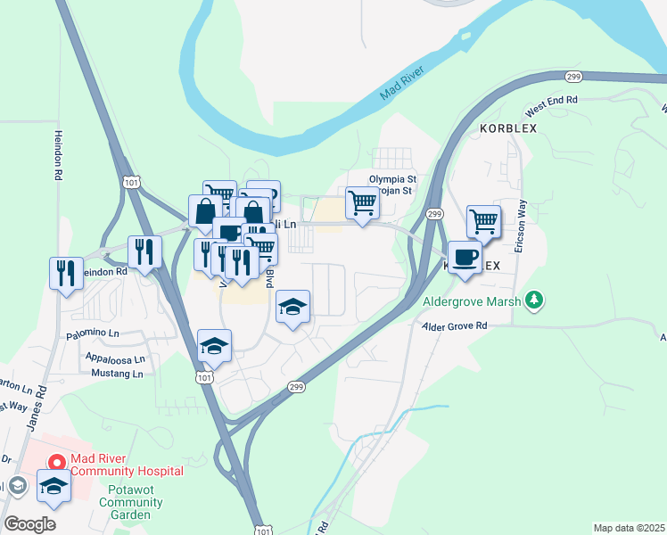 map of restaurants, bars, coffee shops, grocery stores, and more near 1201-1273 Poplar Drive in Arcata