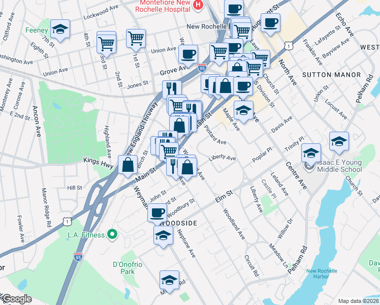 map of restaurants, bars, coffee shops, grocery stores, and more near 12 Woodland Avenue in New Rochelle