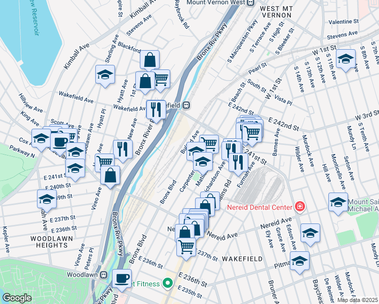 map of restaurants, bars, coffee shops, grocery stores, and more near 4560 Bullard Avenue in Bronx