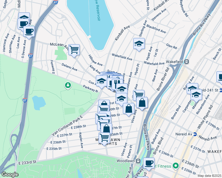 map of restaurants, bars, coffee shops, grocery stores, and more near 3 Glover Avenue in Yonkers
