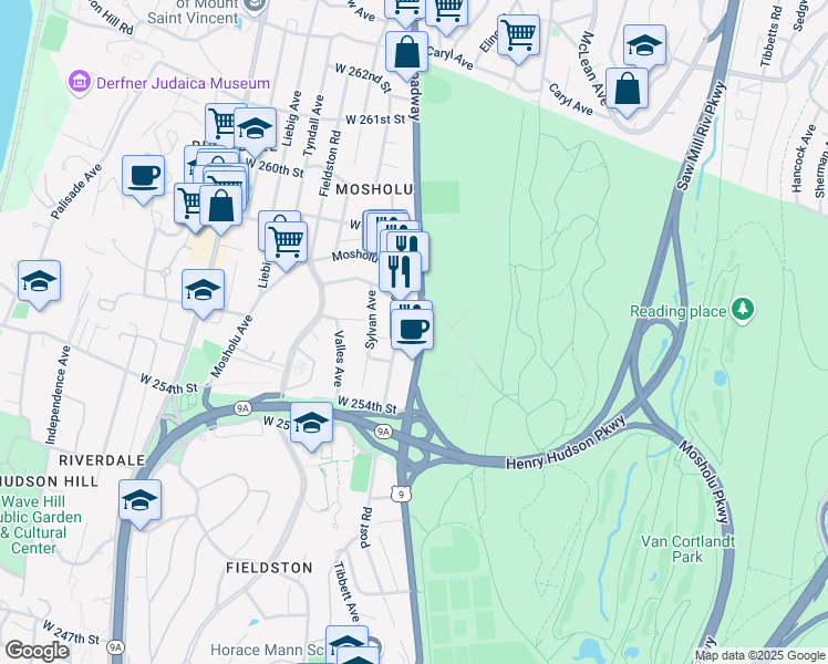 map of restaurants, bars, coffee shops, grocery stores, and more near 5788 Broadway in The Bronx
