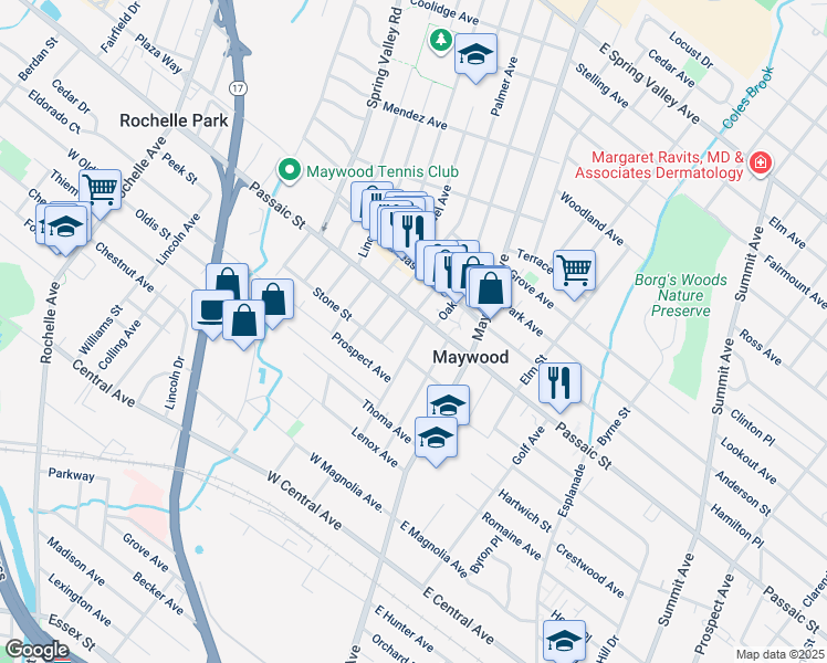 map of restaurants, bars, coffee shops, grocery stores, and more near 487 Poplar Avenue in Maywood