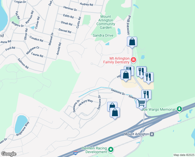 map of restaurants, bars, coffee shops, grocery stores, and more near 76 Brookside Lane in Mount Arlington