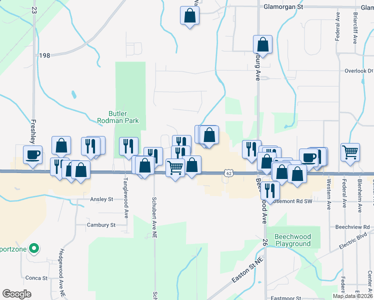 map of restaurants, bars, coffee shops, grocery stores, and more near 2156 Westwood Court in Alliance