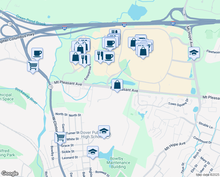 map of restaurants, bars, coffee shops, grocery stores, and more near 570 Mount Pleasant Avenue in Dover