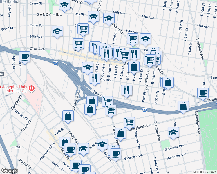map of restaurants, bars, coffee shops, grocery stores, and more near 1085 East 23rd Street in Paterson