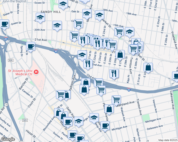 map of restaurants, bars, coffee shops, grocery stores, and more near 1088 East 22nd Street in Paterson