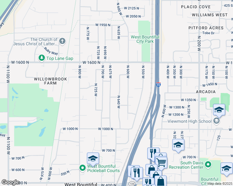 map of restaurants, bars, coffee shops, grocery stores, and more near 1335 N 640 W in West Bountiful