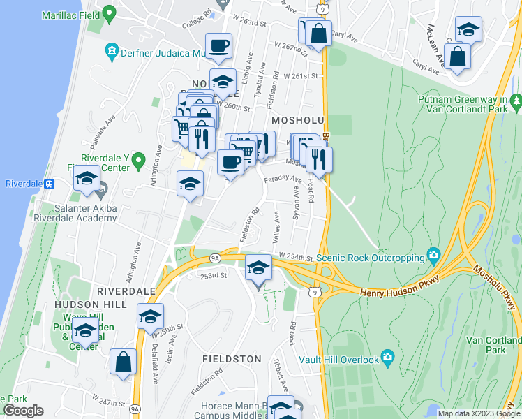map of restaurants, bars, coffee shops, grocery stores, and more near 5550 Fieldston Road in The Bronx