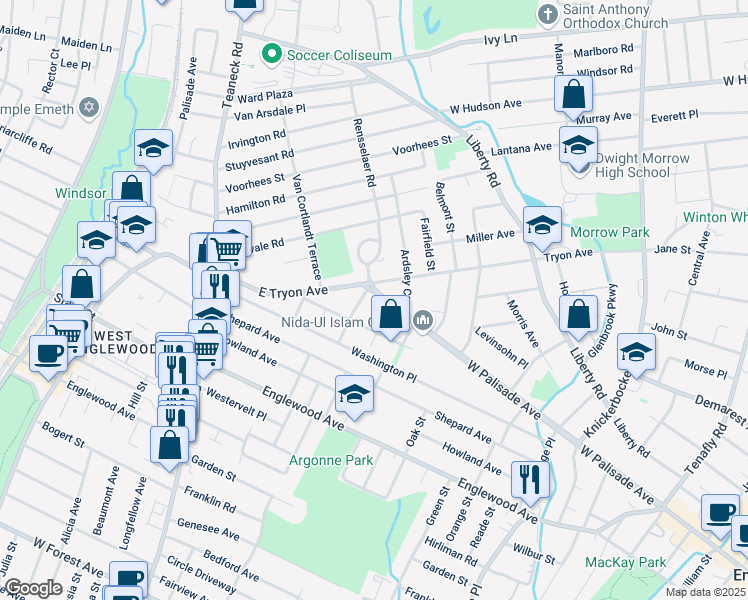 map of restaurants, bars, coffee shops, grocery stores, and more near 174 Hargreaves Avenue in Teaneck