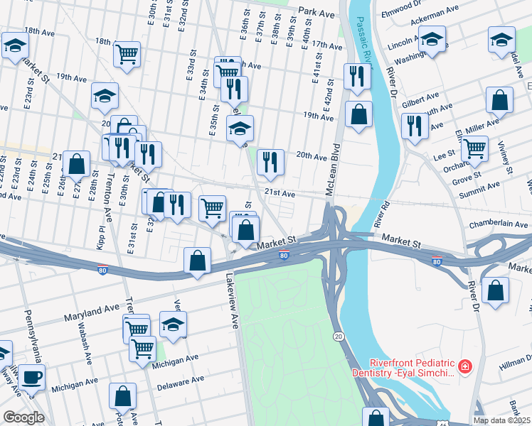 map of restaurants, bars, coffee shops, grocery stores, and more near 565 East 39th Street in Paterson