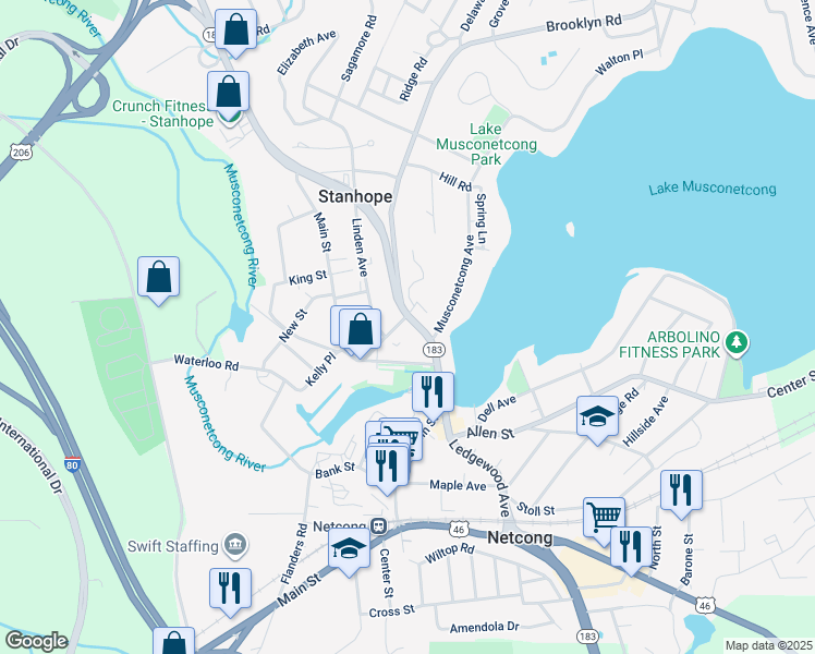 map of restaurants, bars, coffee shops, grocery stores, and more near 24 New Jersey 183 in Stanhope