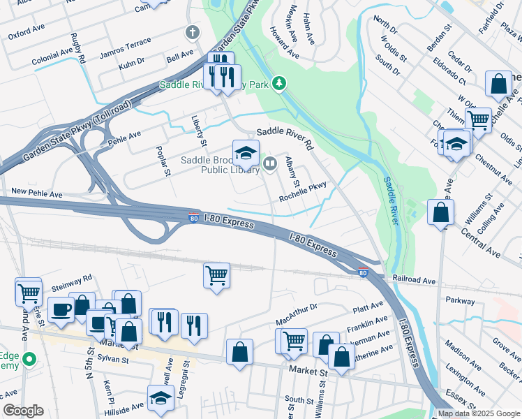 map of restaurants, bars, coffee shops, grocery stores, and more near 98 Rochelle Parkway in Saddle Brook