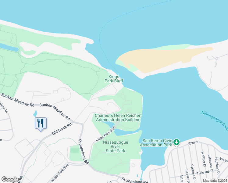 map of restaurants, bars, coffee shops, grocery stores, and more near 1 Old Dock Road in Kings Park