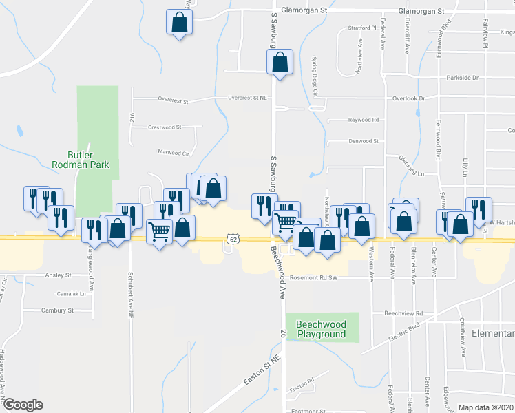 map of restaurants, bars, coffee shops, grocery stores, and more near 1859 South Sawburg Avenue in Alliance