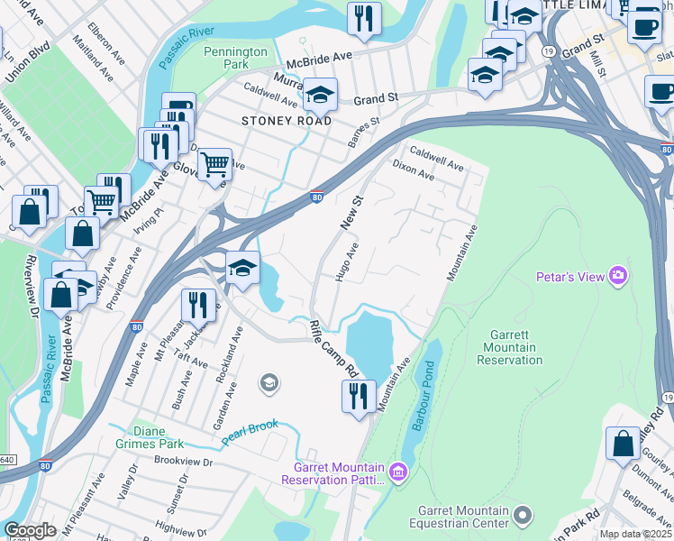 map of restaurants, bars, coffee shops, grocery stores, and more near 69 Hugo Avenue in Woodland Park