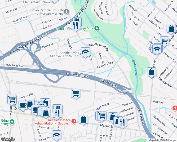 map of restaurants, bars, coffee shops, grocery stores, and more near 98 Rochelle Parkway in Saddle Brook