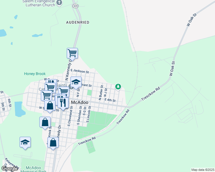 map of restaurants, bars, coffee shops, grocery stores, and more near 415 East Grant Street in McAdoo