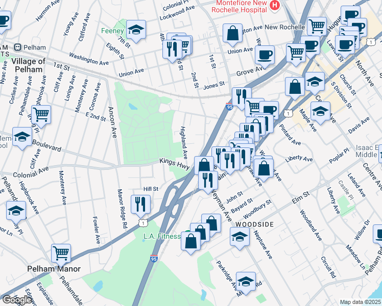 map of restaurants, bars, coffee shops, grocery stores, and more near 25 Highland Avenue in New Rochelle