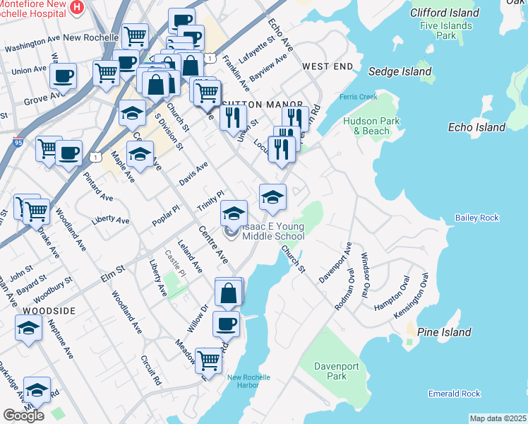 map of restaurants, bars, coffee shops, grocery stores, and more near 185 Pelham Road in New Rochelle