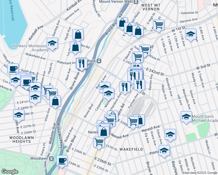 map of restaurants, bars, coffee shops, grocery stores, and more near 617 East 240th Street in Bronx
