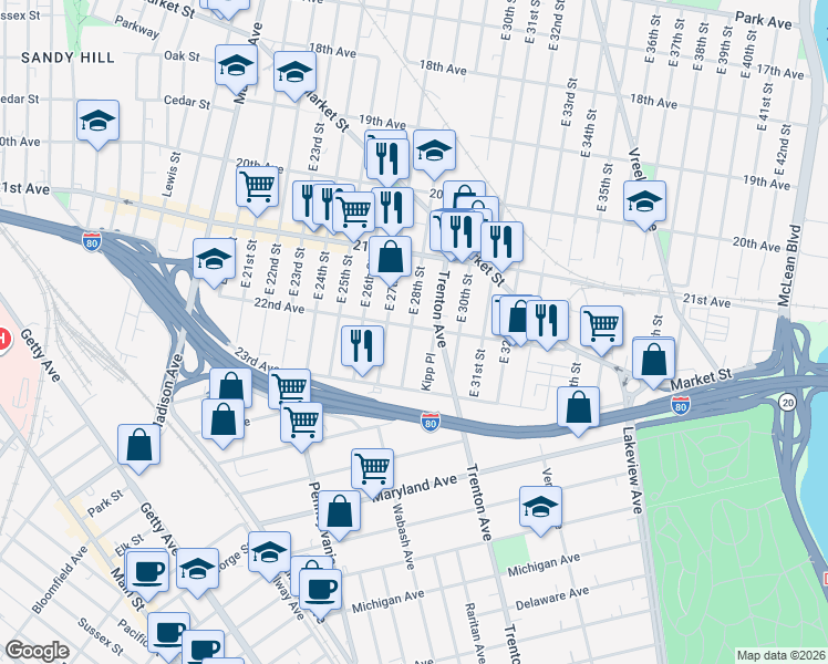 map of restaurants, bars, coffee shops, grocery stores, and more near 182 22nd Avenue in Paterson