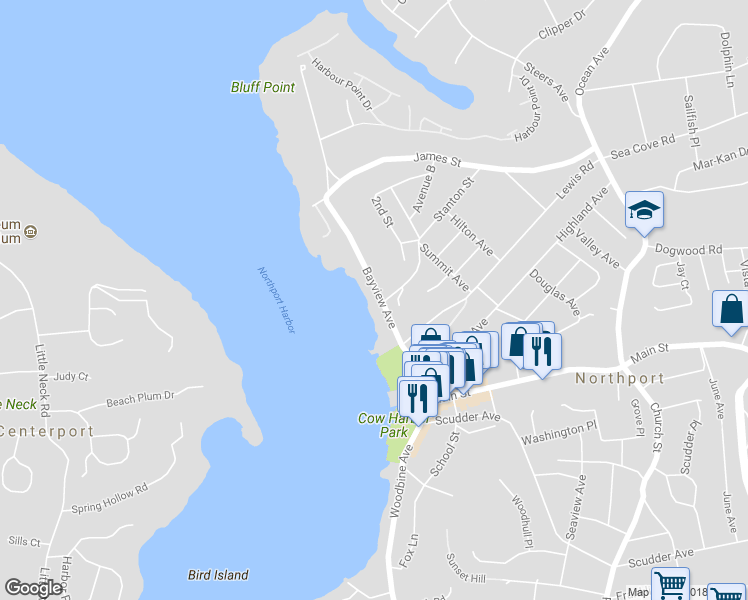 map of restaurants, bars, coffee shops, grocery stores, and more near 107 Bayview Avenue in Northport